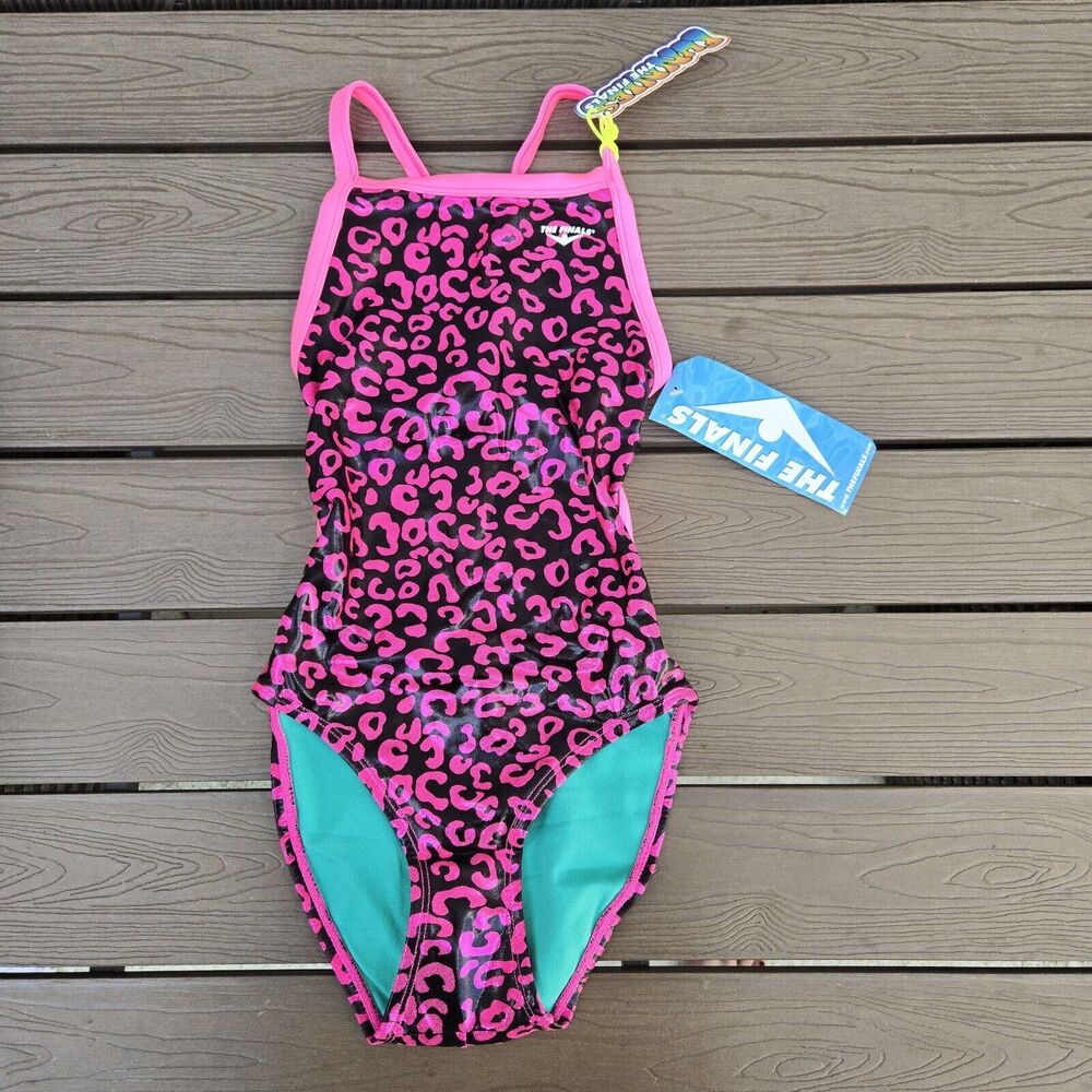 TYR The Finals Girls Disco Cat Foil Swimsuit Flutterback Pink - Size 26 New